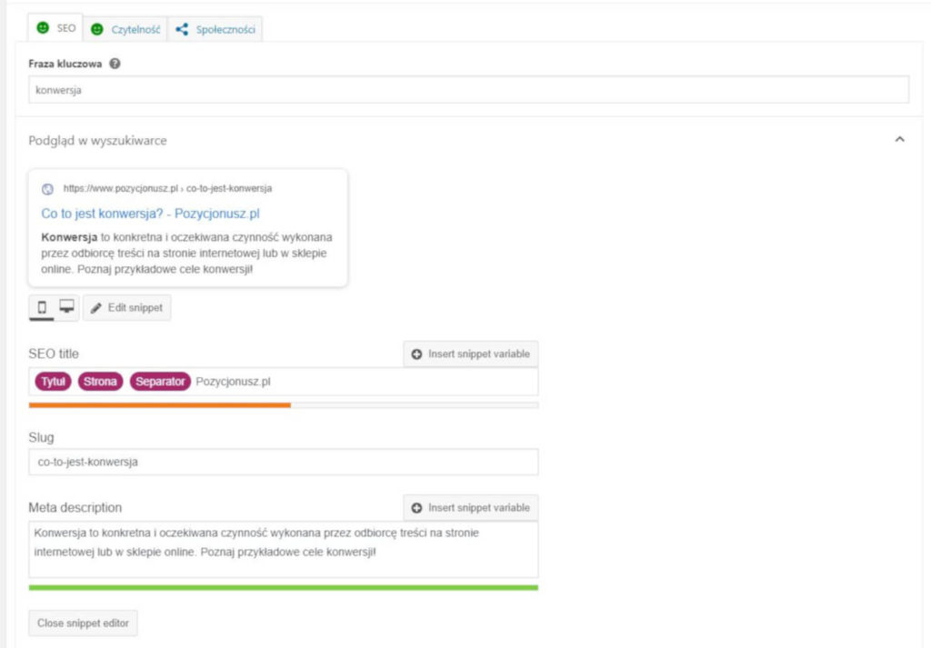 Uzupełnianie metadanych w Yoast SEO dla WordPressa.